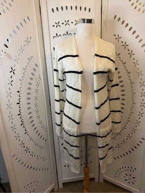 Long Open-Front Black and White  Striped Women’s Cardigan Sweater